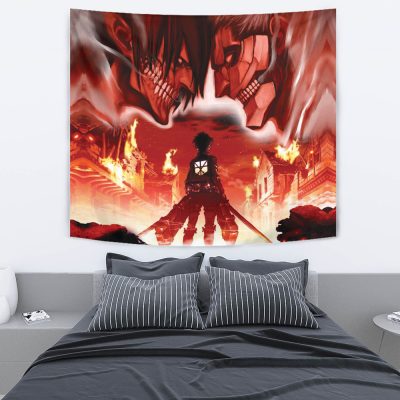 Burning Attack on Titan Tapestry Horizontal BED Mockup - Attack On Titan Merch