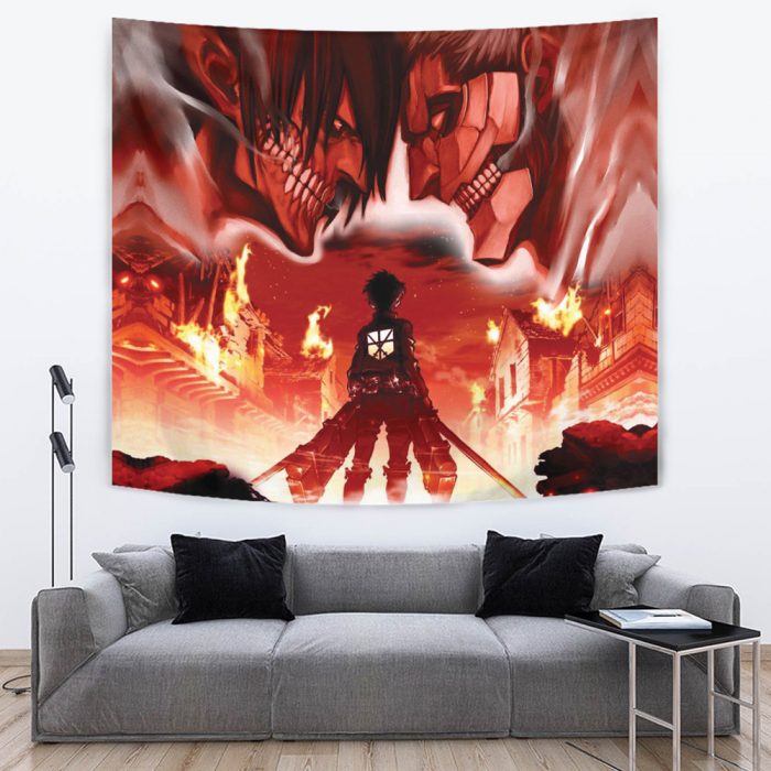 Burning Attack on Titan Tapestry Horizontal LARGE COUCH Mockup - Attack On Titan Merch