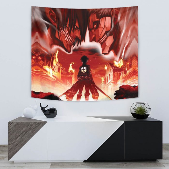 Burning Attack on Titan Tapestry Horizontal OVER STAND Mockup - Attack On Titan Merch