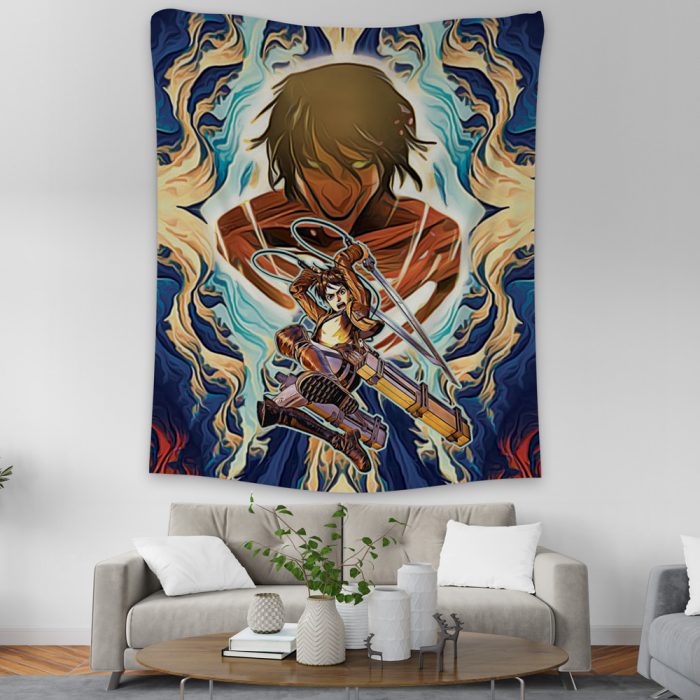 Trippy Eren Yeager Attack on Titan Tapestry Vertical Couach Mockup - Attack On Titan Merch