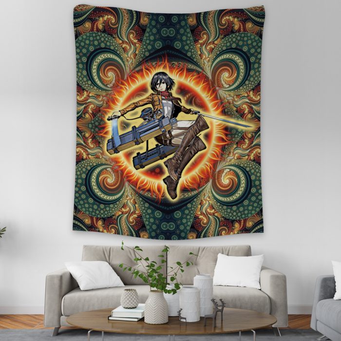 Trippy Mikasa Ackerman Attack on Titan Tapestry Vertical Couach Mockup - Attack On Titan Merch