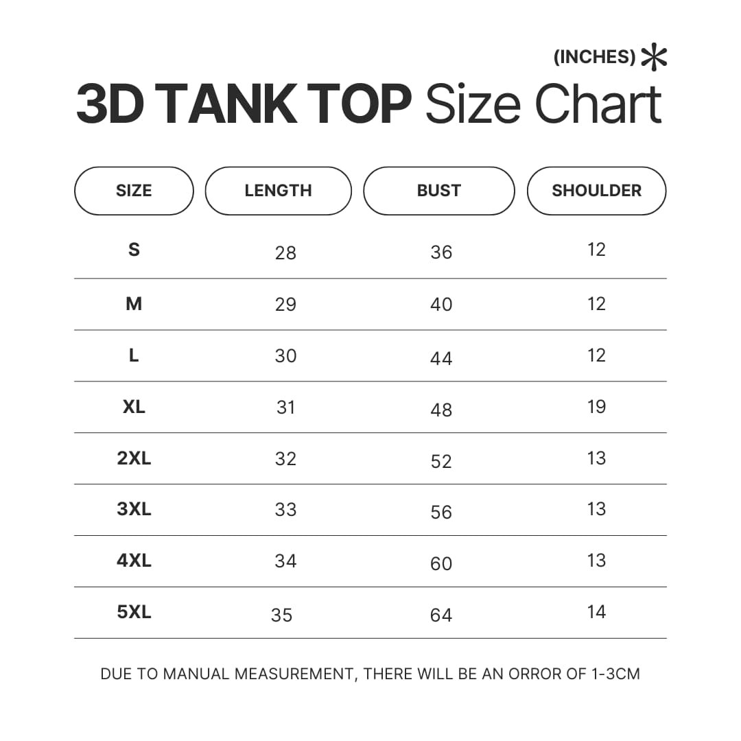 3D Tank Top Size Chart - Attack On Titan Merch