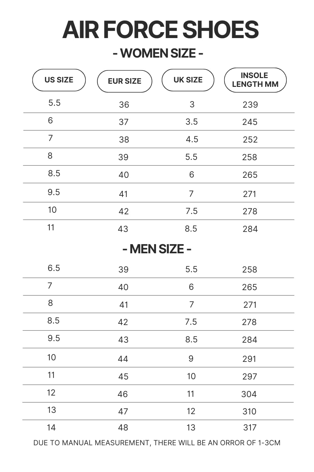 Air Force Shoes Size Chart - Attack On Titan Merch