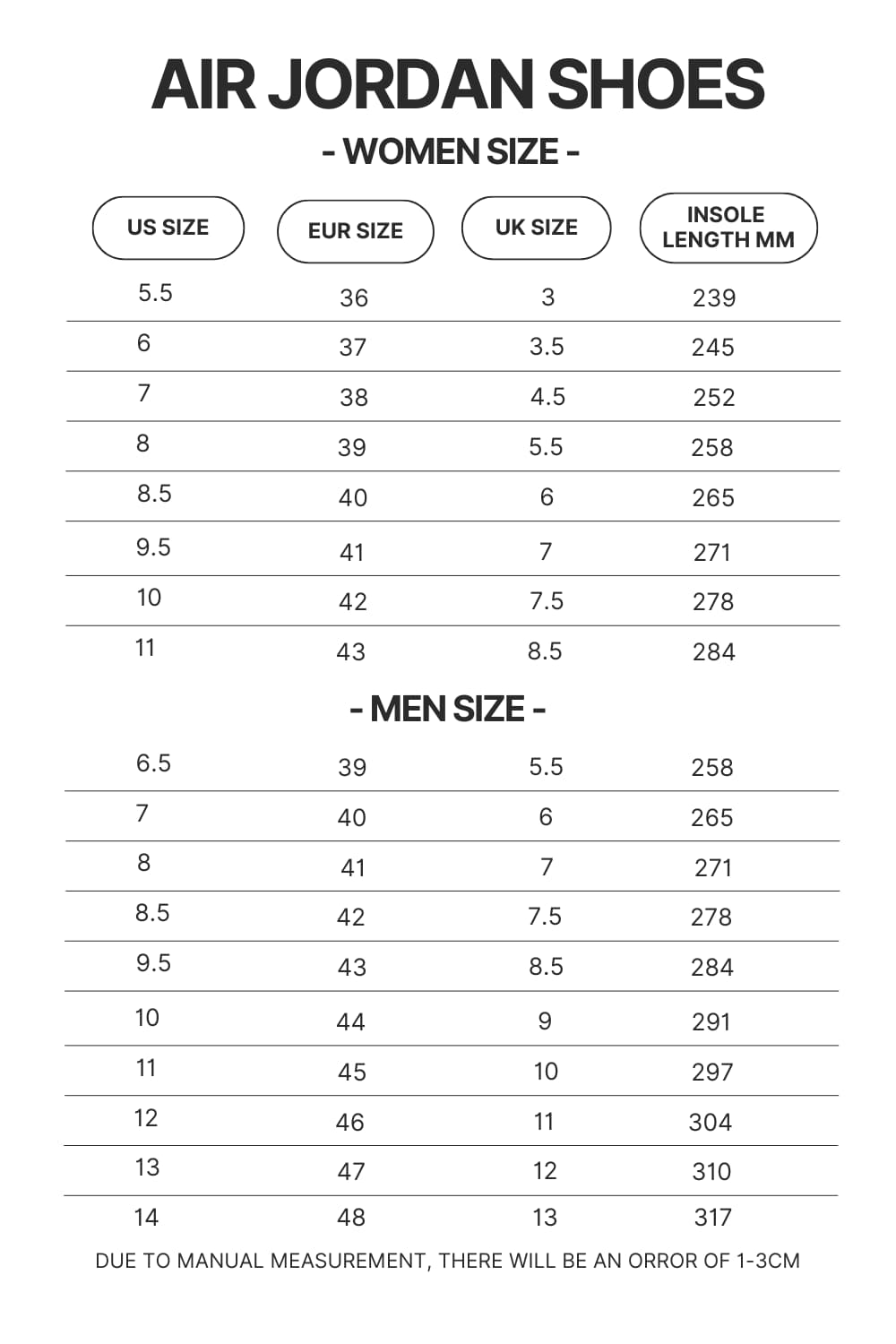 Air Jordan Shoes Size Chart - Attack On Titan Merch